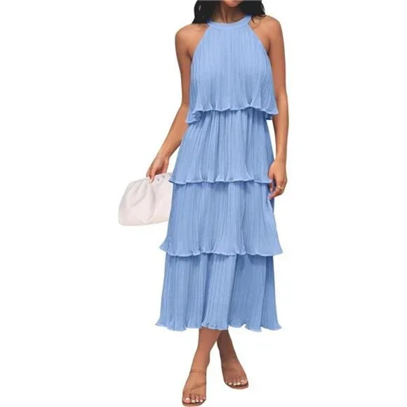 Dresses | Summer Sleeveless Halter Neck Ruffle Chiffon Midi Dress Casual  Elegant Tiered | Poshmark